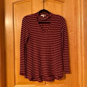 moa moa maroon and white striped sweater with a choker neckline